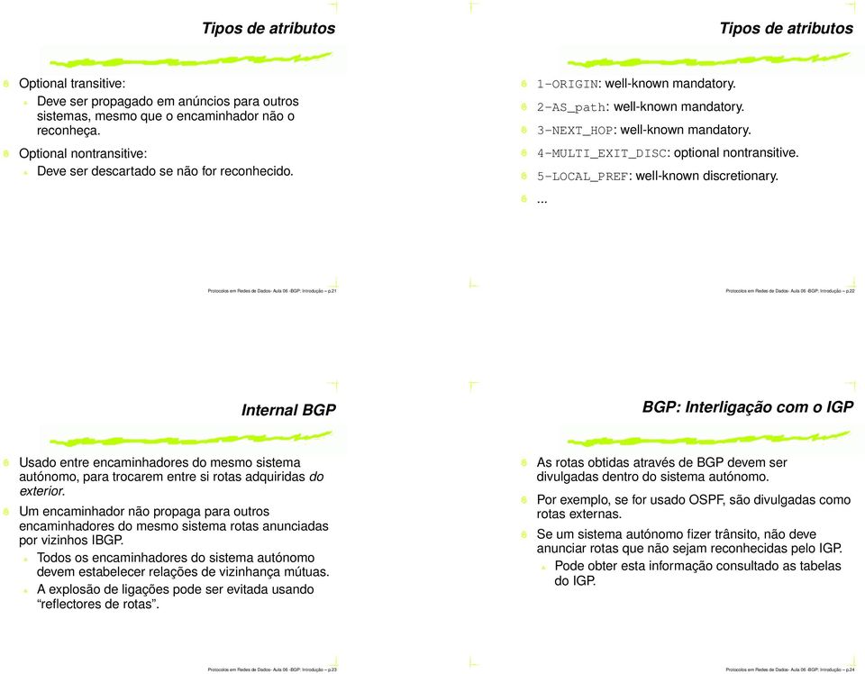 4-MULTI_EXIT_DISC: optional nontransitive. 5-LOCAL_PREF: well-known discretionary.... Protocolos em Redes de Dados- Aula 06 -BGP: Introdução p.