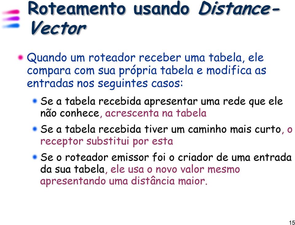 acrescenta na tabela Se a tabela recebida tiver um caminho mais curto, o receptor substitui por esta Se o