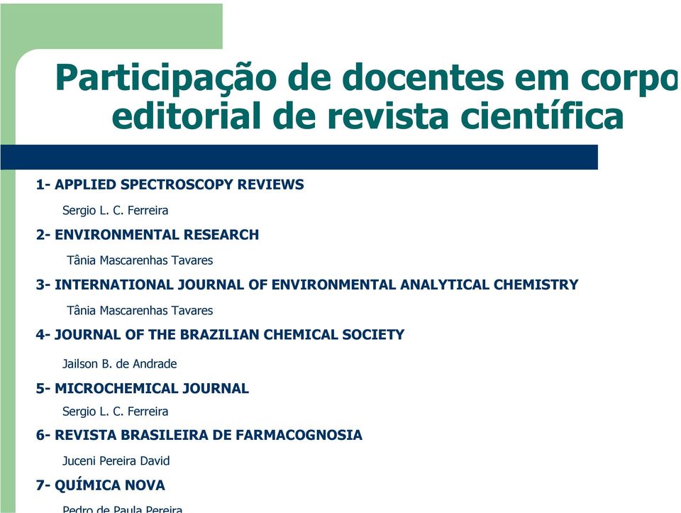 ANALYTICAL CHEMISTRY Tânia Mascarenhas Tavares 4- JOURNAL OF THE BRAZILIAN CHEMICAL SOCIETY Jailson B.