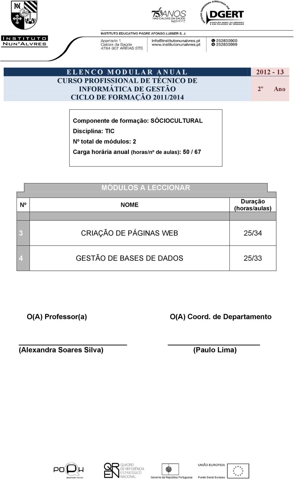 Disciplina: TIC Nº total de módulos: 2 Carga horária anual (horas/nº de aulas): 50 / 67 3