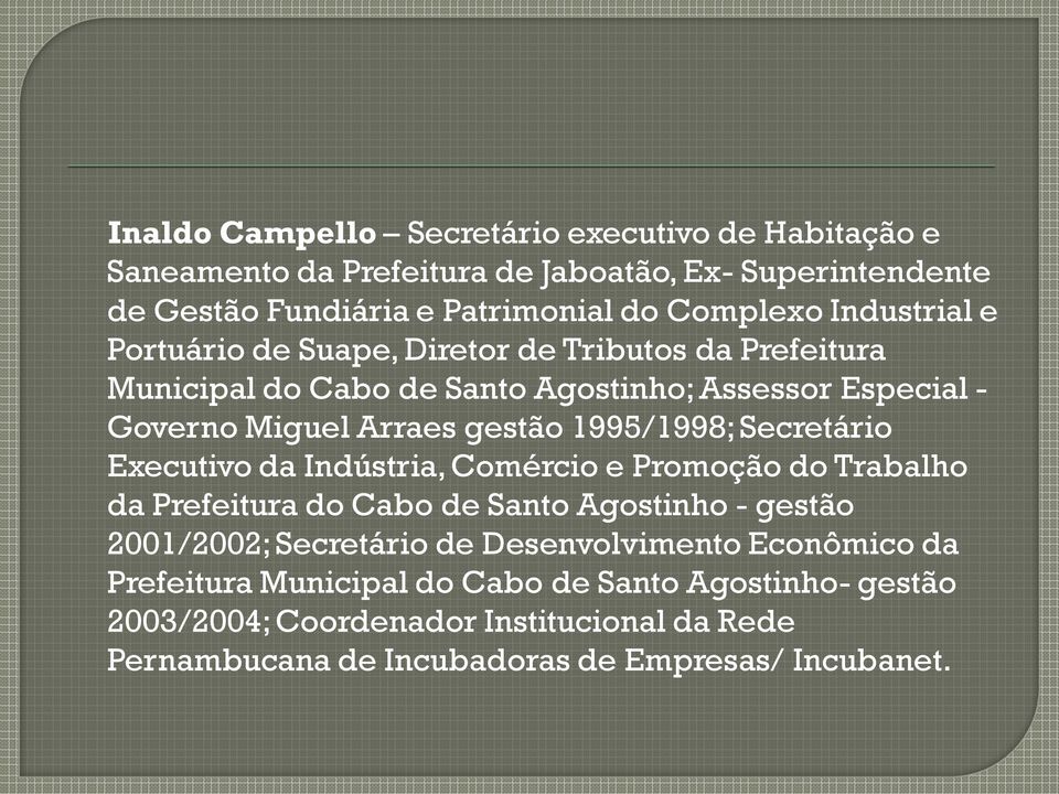 1995/1998; Secretário Executivo da Indústria, Comércio e Promoção do Trabalho da Prefeitura do Cabo de Santo Agostinho - gestão 2001/2002; Secretário de