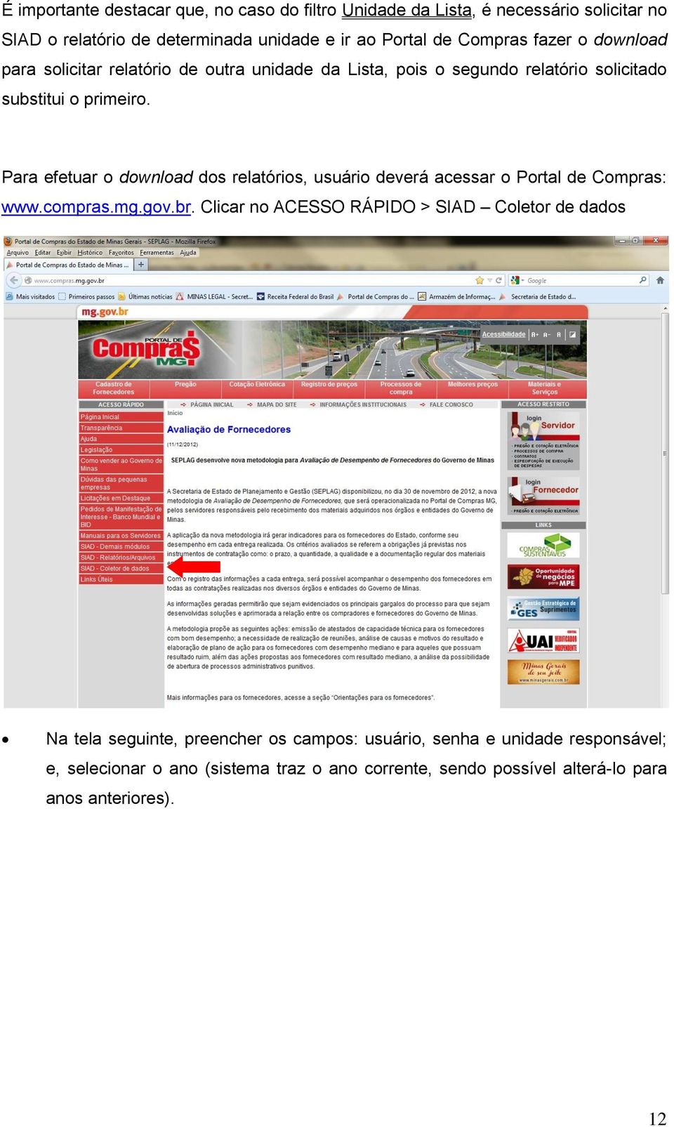 Para efetuar o download dos relatórios, usuário deverá acessar o Portal de Compras: www.compras.mg.gov.br.