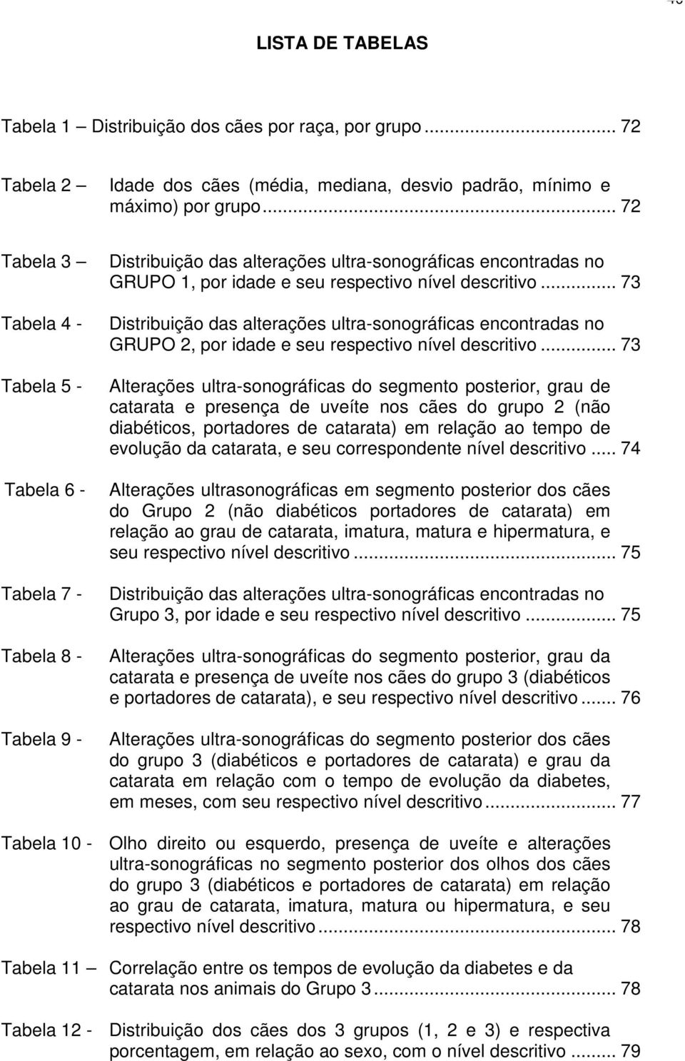 .. 73 Distribuição das alterações ultra-sonográficas encontradas no GRUPO 2, por idade e seu respectivo nível descritivo.