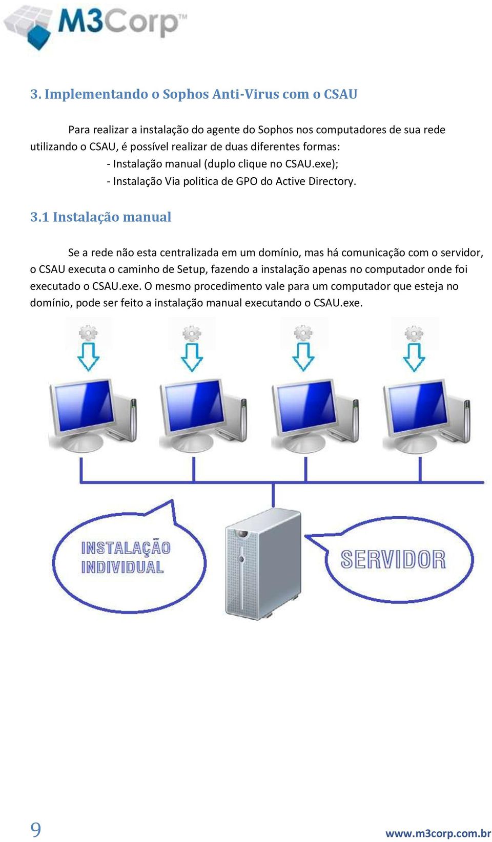 1 Instalação manual Se a rede não esta centralizada em um domínio, mas há comunicação com o servidor, o CSAU executa o caminho de Setup, fazendo a instalação
