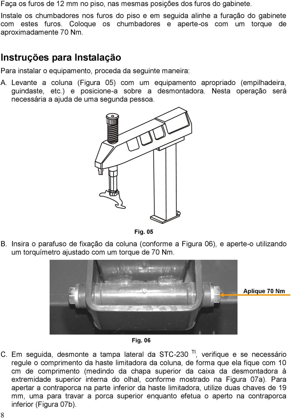 Levante a coluna (Figura 05) com um equipamento apropriado (empilhadeira, guindaste, etc.) e posicione-a sobre a desmontadora. Nesta operação será necessária a ajuda de uma segunda pessoa. Fig. 05 B.