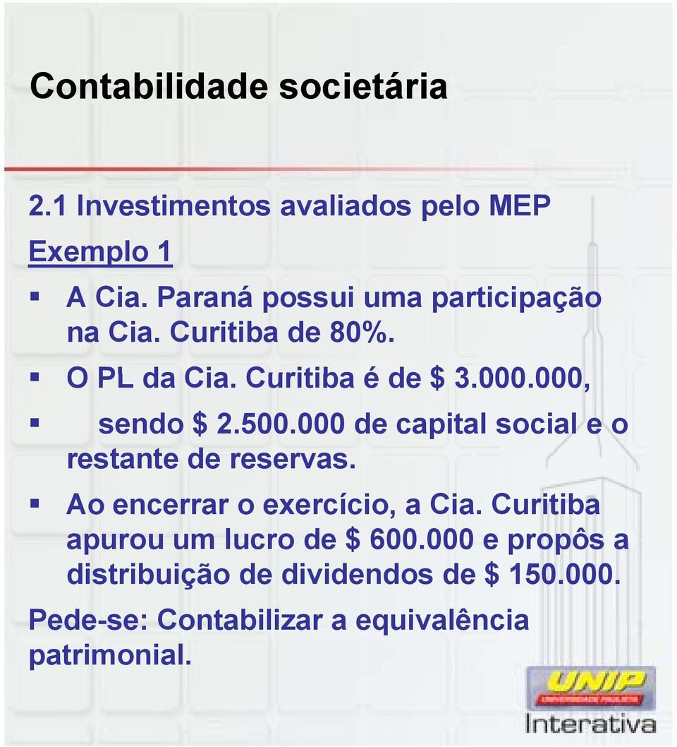 000 de capital social e o restante de reservas. Ao encerrar o exercício, a Cia.