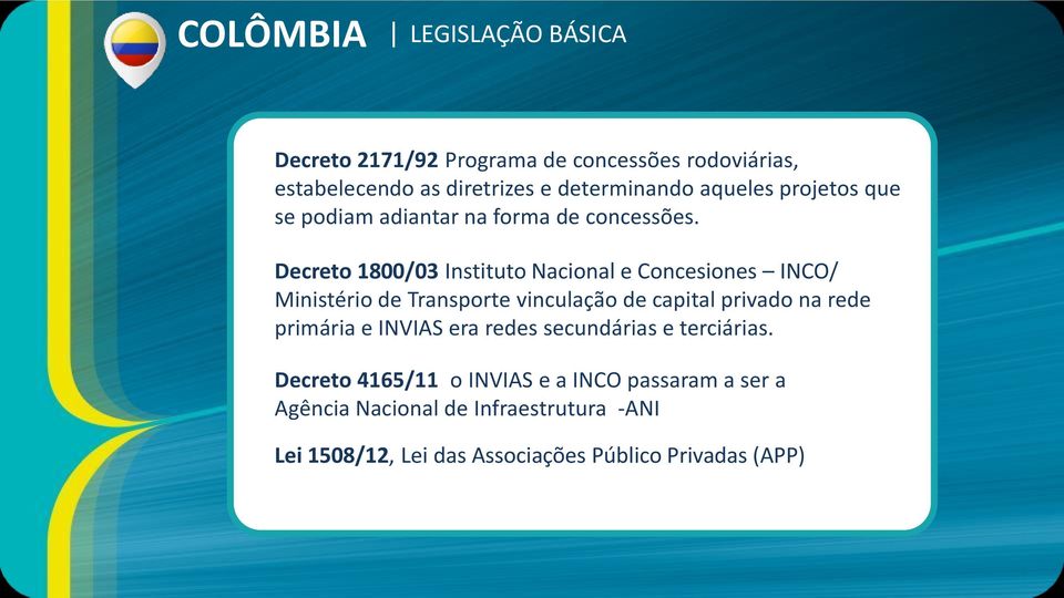 Decreto 1800/03 Instituto Nacional e Concesiones INCO/ Ministério de Transporte vinculação de capital privado na rede