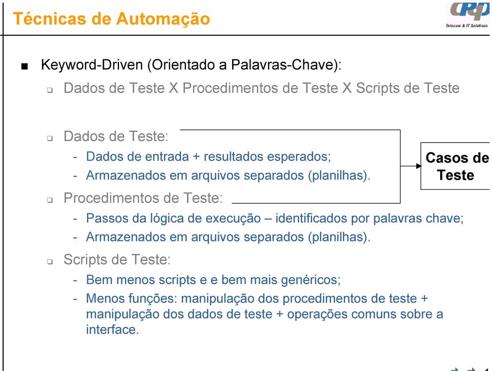 Procedimentos de Teste: - Passos da lógica de execução identificados por palavras chave; - Armazenados em arquivos separados (planilhas).