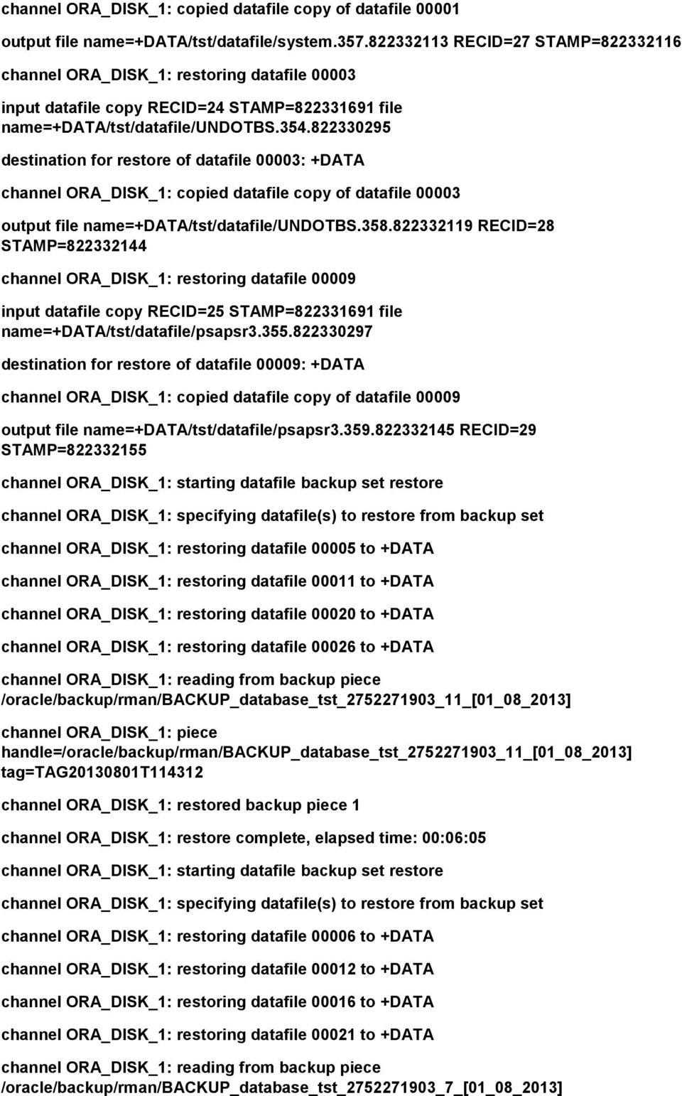 822330295 destination for restore of datafile 00003: +DATA channel ORA_DISK_1: copied datafile copy of datafile 00003 output file name=+data/tst/datafile/undotbs.358.