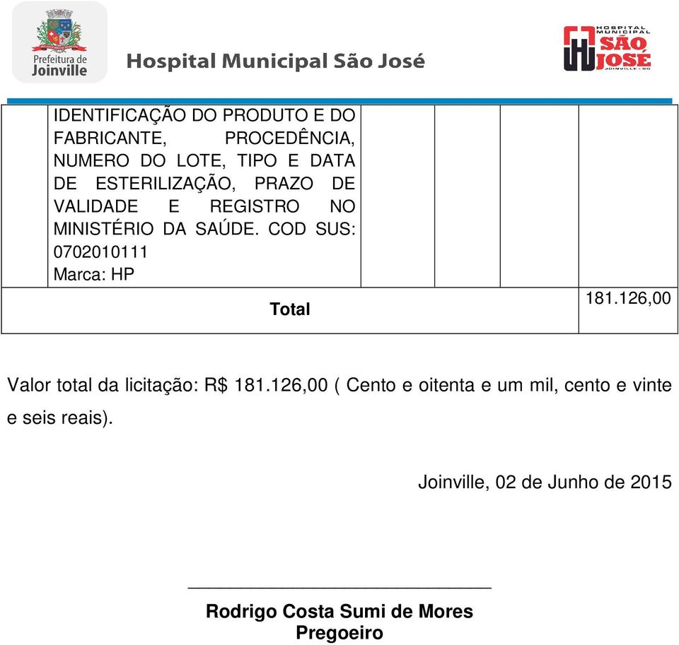 COD SUS: 0702010111 Total 181.126,00 Valor total da licitação: R$ 181.