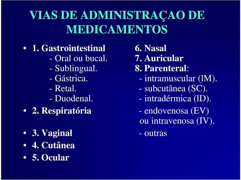 - intramuscular (lm). - Retal. - subcutânea (SC). - Duodenal.