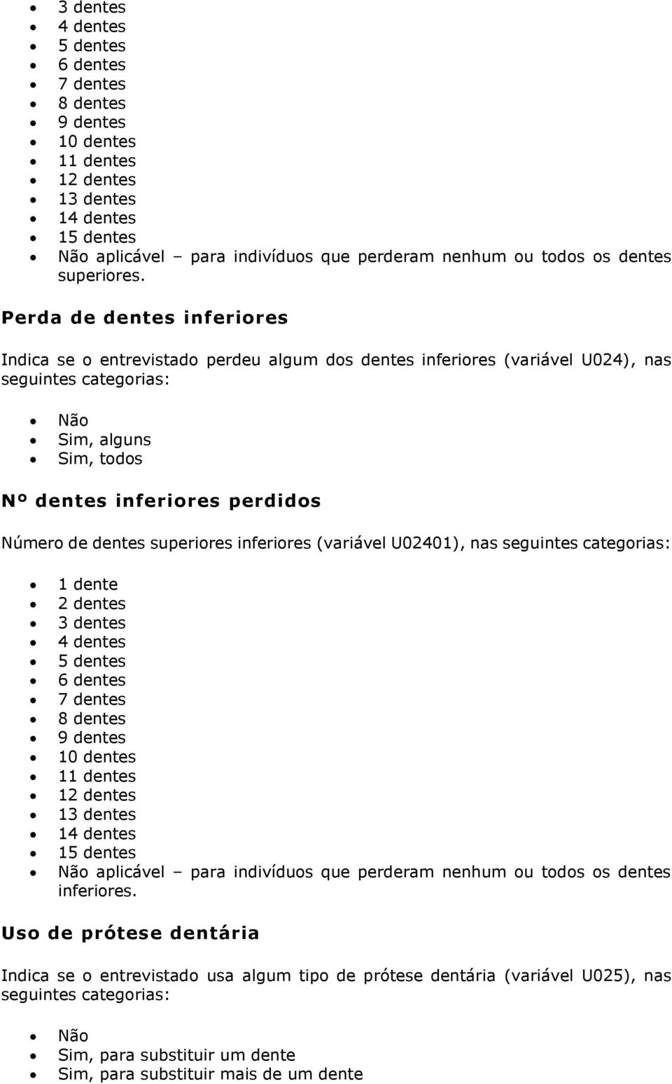 superiores inferiores (variável U02401), nas seguintes categorias: 1 dente 2 dentes 3 dentes 4 dentes 5 dentes 6 dentes 7 dentes 8 dentes 9 dentes 10 dentes 11 dentes 12 dentes 13 dentes 14 dentes 15