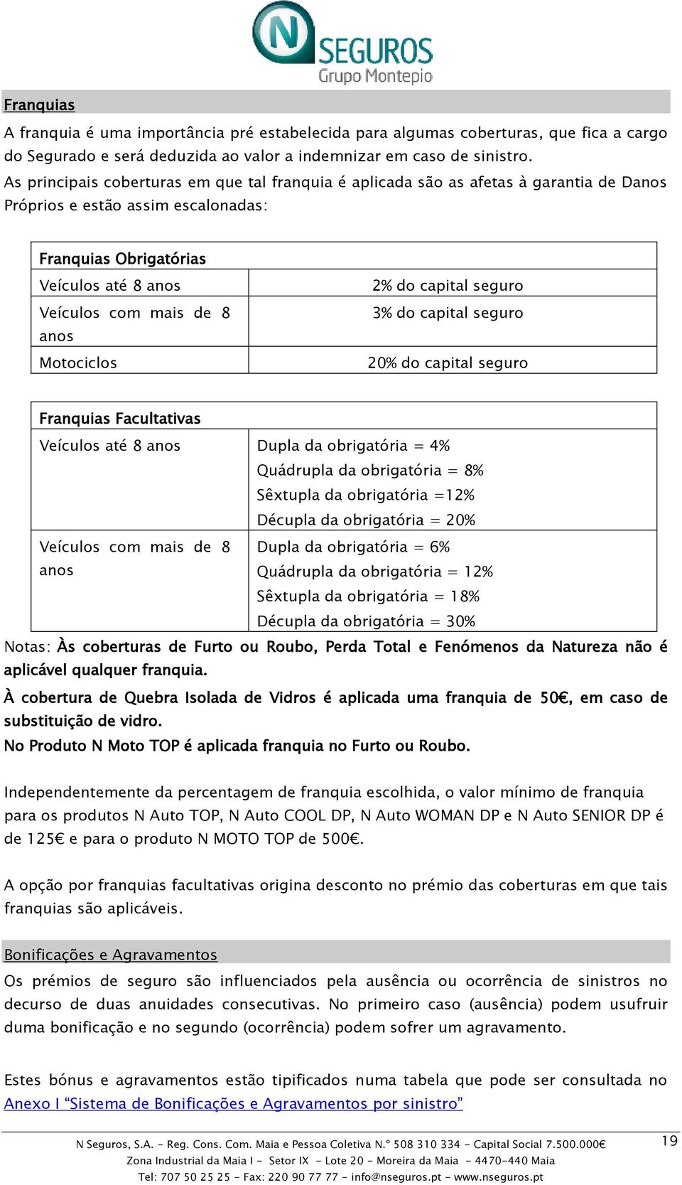 Motociclos 2% do capital seguro 3% do capital seguro 20% do capital seguro Franquias Facultativas Veículos até 8 anos Dupla da obrigatória = 4% Quádrupla da obrigatória = 8% Sêxtupla da obrigatória