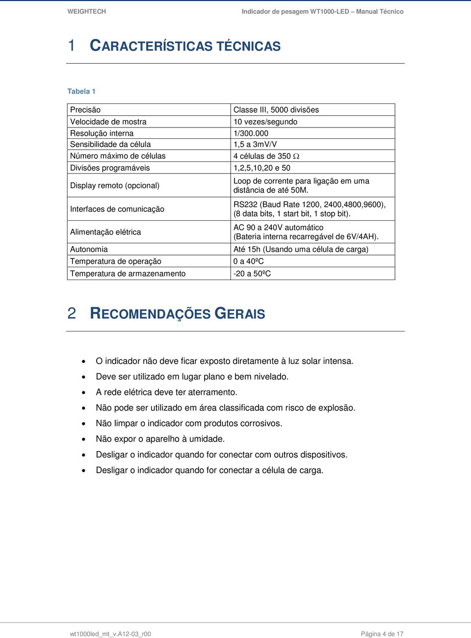 até 50M. Interfaces de comunicação RS232 (Baud Rate 1200, 2400,4800,9600), (8 data bits, 1 start bit, 1 stop bit).