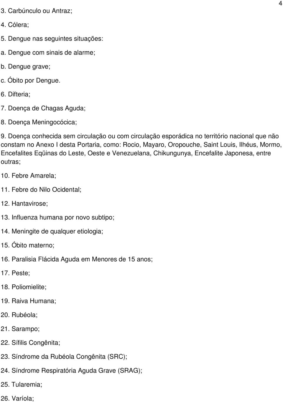 Doença conhecida sem circulação ou com circulação esporádica no território nacional que não constam no Anexo I desta Portaria, como: Rocio, Mayaro, Oropouche, Saint Louis, Ilhéus, Mormo, Encefalites