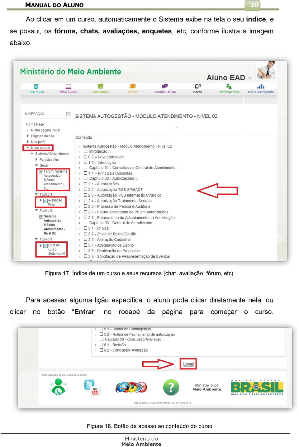 Índice de um curso e seus recursos (chat, avaliação, fórum, etc) Para acessar alguma lição específica, o aluno