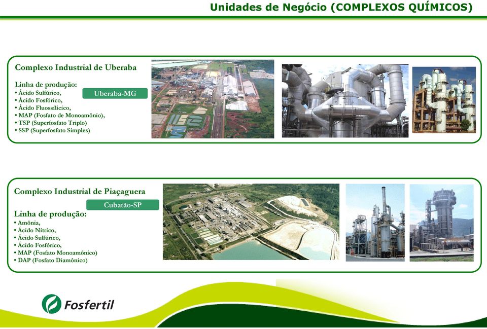 (Superfosfato Triplo) SSP (Superfosfato Simples) Complexo Industrial de Piaçaguera Linha de produção: