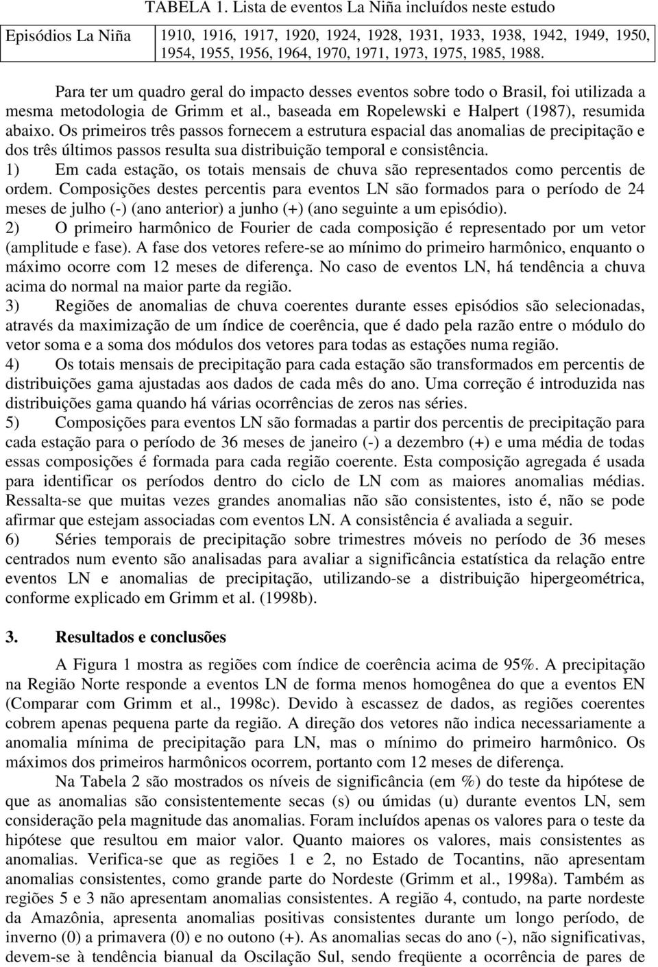 Para ter um quadro geral do impacto desses eventos sobre todo o Brasil, foi utilizada a mesma metodologia de Grimm et al., baseada em Ropelewski e Halpert (1987), resumida abaixo.