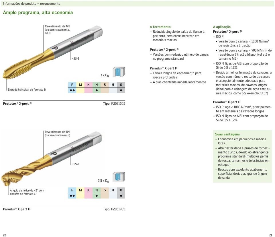 escoamento para roscas profundas A guia chanfrada impede lascamentos A aplicação Prototex X pert P ISO P: Versão com 3 canais: < 1000 N/mm² de resistência à tração Versão com 2 canais: < 700 N/mm² de