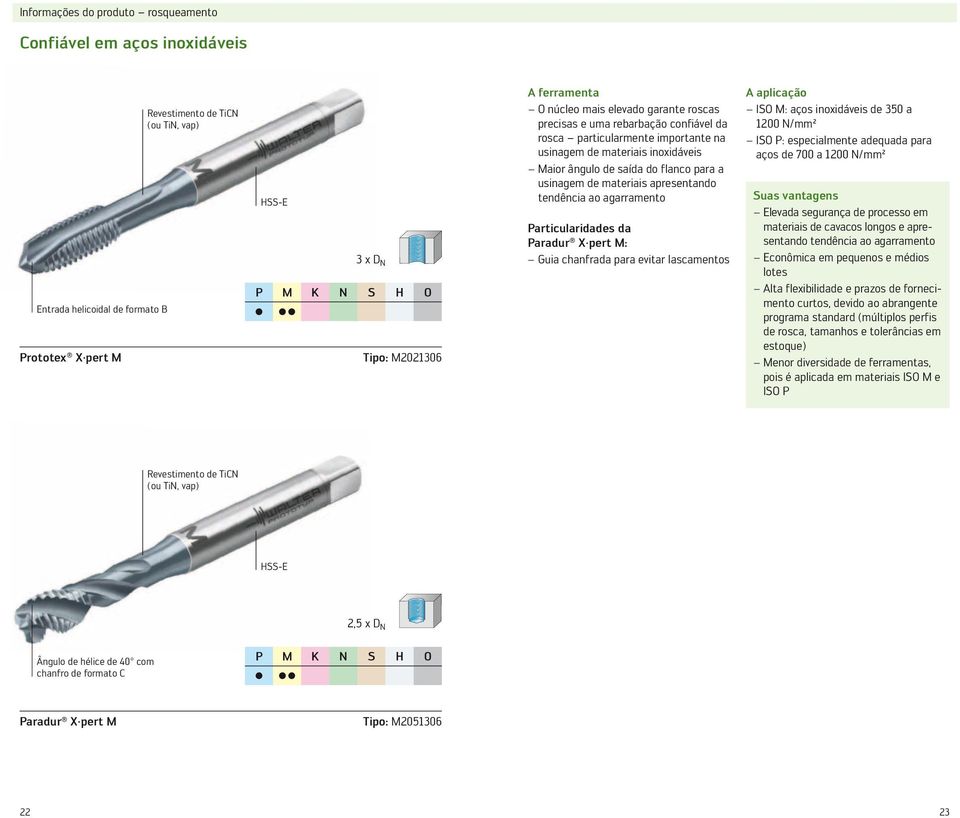 Particularidades da Paradur X pert M: Guia chanfrada para evitar lascamentos ISO M: aços inoxidáveis de 350 a 1200 N/mm² ISO P: especialmente adequada para aços de 700 a 1200 N/mm² Suas vantagens