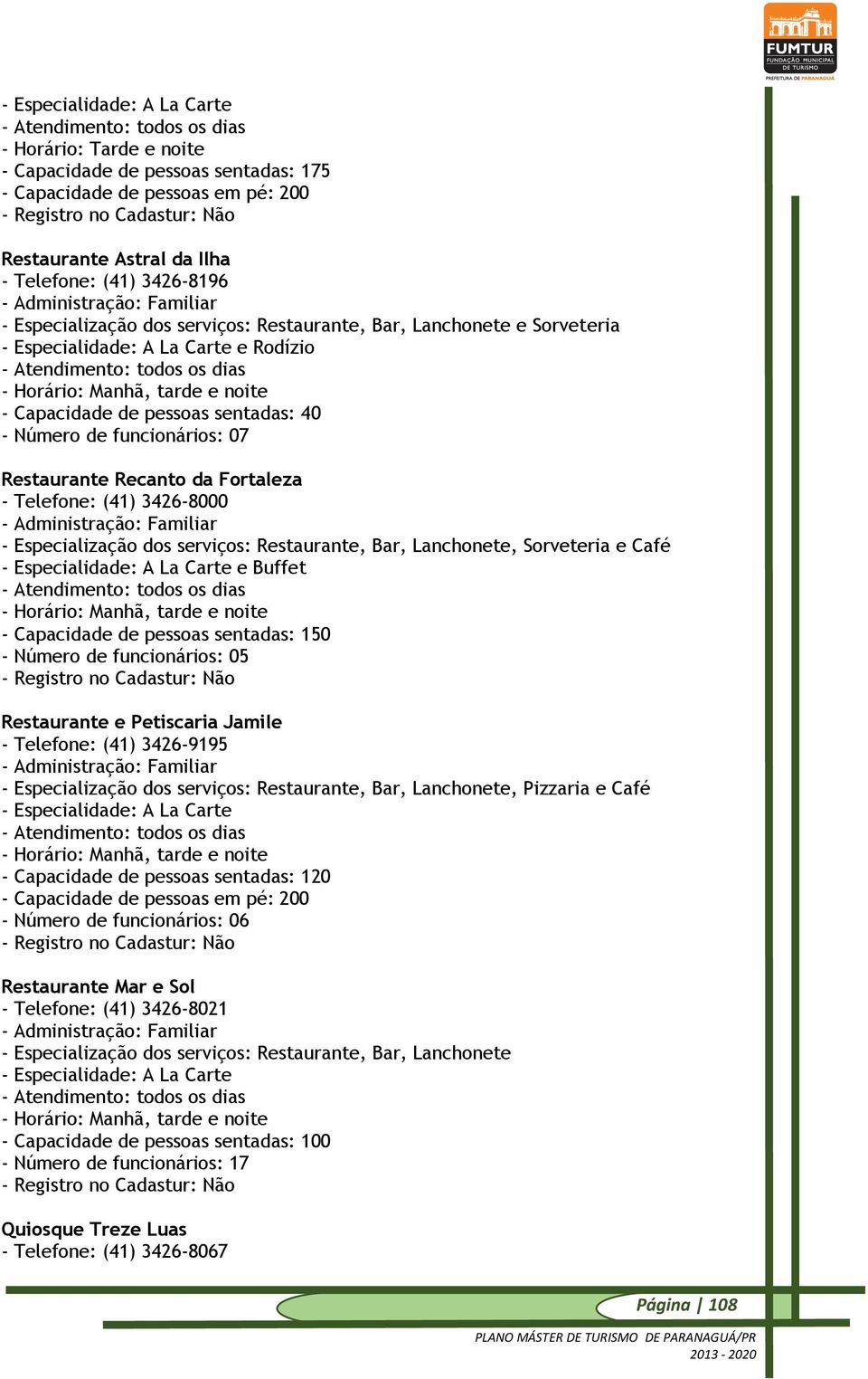 Manhã, tarde e noite - Capacidade de pessoas sentadas: 40 - Número de funcionários: 07 Restaurante Recanto da Fortaleza - Telefone: (41) 3426-8000 - - Especialização dos serviços: Restaurante, Bar,