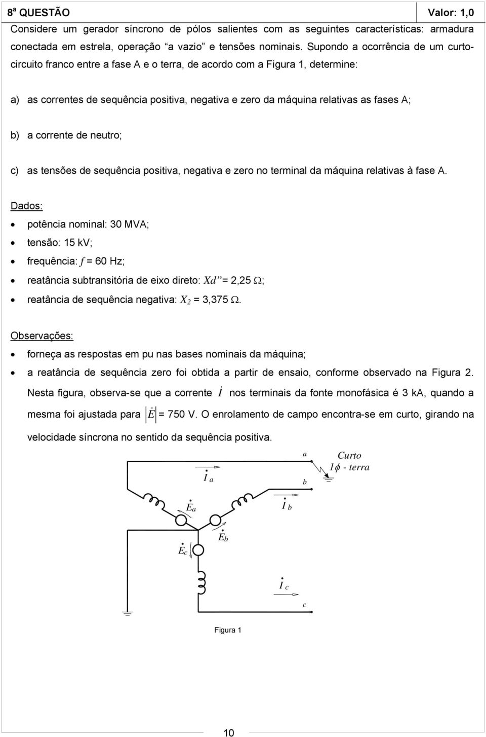 b) a corrente de neutro; c) as tensões de sequência positiva, negativa e zero no terminal da máquina relativas à fase A.