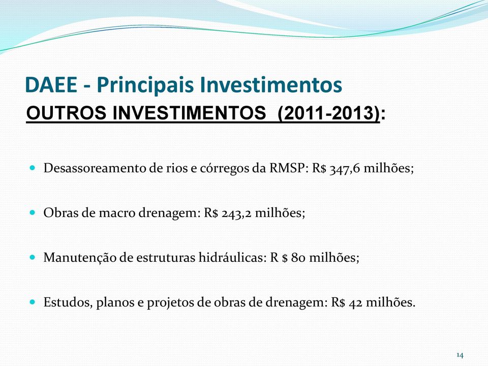 macro drenagem: R$ 243,2 milhões; Manutenção de estruturas hidráulicas: