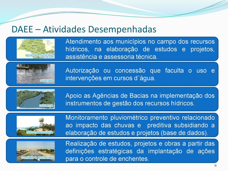 Apoio as Agências de Bacias na implementação dos instrumentos de gestão dos recursos hídricos.