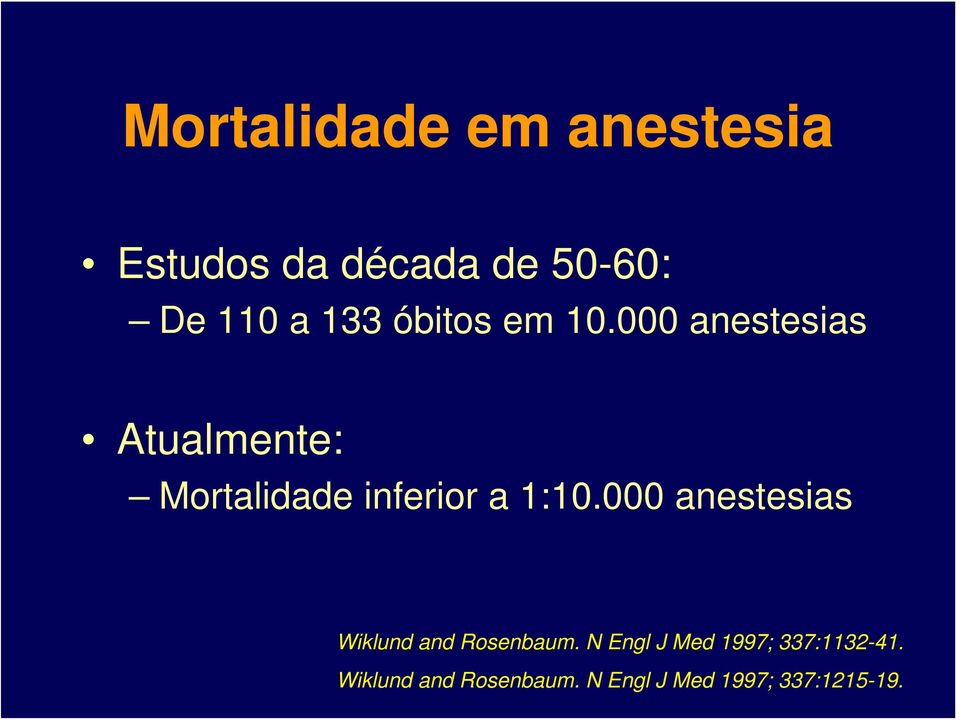 000 anestesias Atualmente: Mortalidade inferior a 1:10.