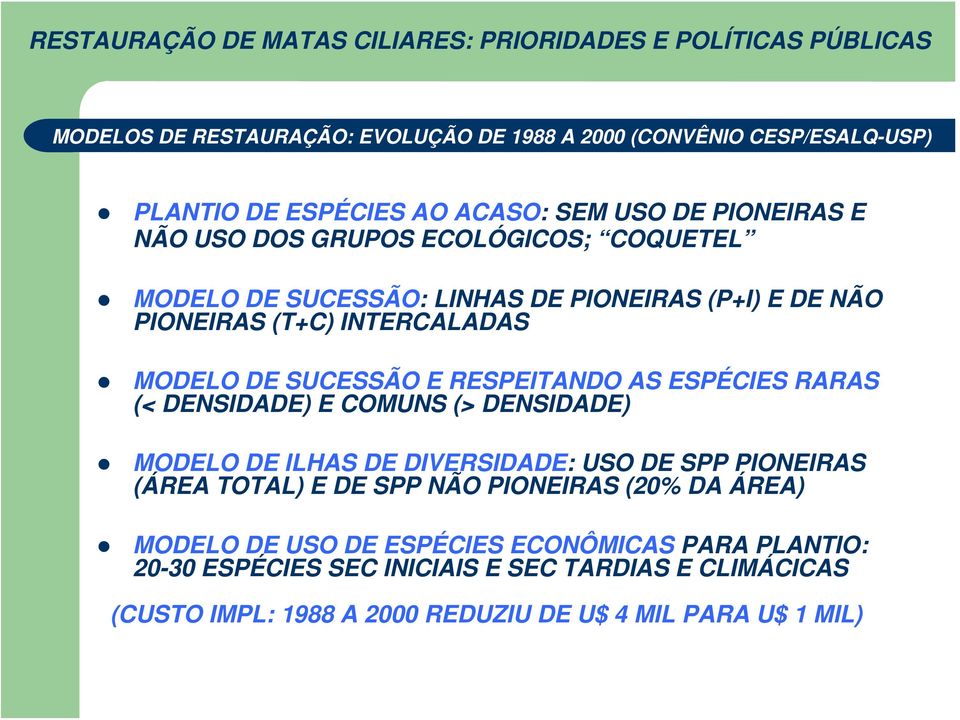 RESPEITANDO AS ESPÉCIES RARAS (< DENSIDADE) E COMUNS (> DENSIDADE) MODELO DE ILHAS DE DIVERSIDADE: USO DE SPP PIONEIRAS (ÁREA TOTAL) E DE SPP NÃO PIONEIRAS (20% DA