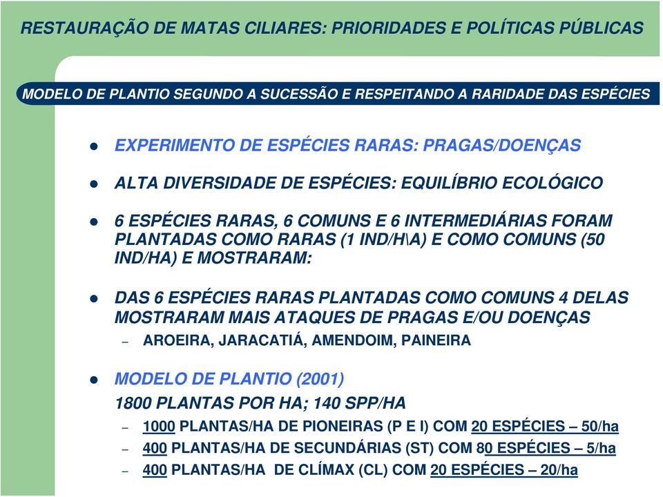 MOSTRARAM: DAS 6 ESPÉCIES RARAS PLANTADAS COMO COMUNS 4 DELAS MOSTRARAM MAIS ATAQUES DE PRAGAS E/OU DOENÇAS AROEIRA, JARACATIÁ, AMENDOIM, PAINEIRA MODELO DE PLANTIO (2001) 1800