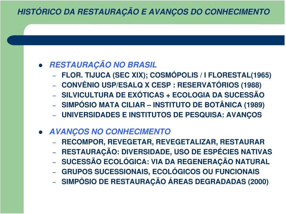 SIMPÓSIO MATA CILIAR INSTITUTO DE BOTÂNICA (1989) UNIVERSIDADES E INSTITUTOS DE PESQUISA: AVANÇOS AVANÇOS NO CONHECIMENTO RECOMPOR, REVEGETAR,