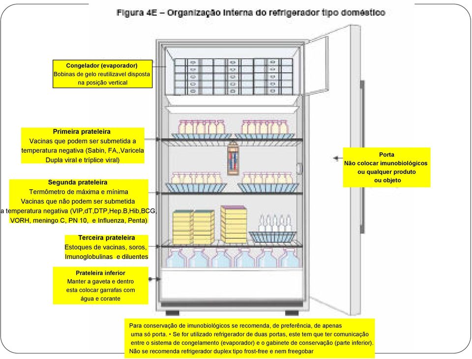 B,Hib,BCG, VORH, meningo C, PN 10, e Influenza, Penta) Porta Não colocar imunobiológicos ou qualquer produto ou objeto Terceira prateleira Estoques de vacinas, soros, Imunoglobulinas e diluentes