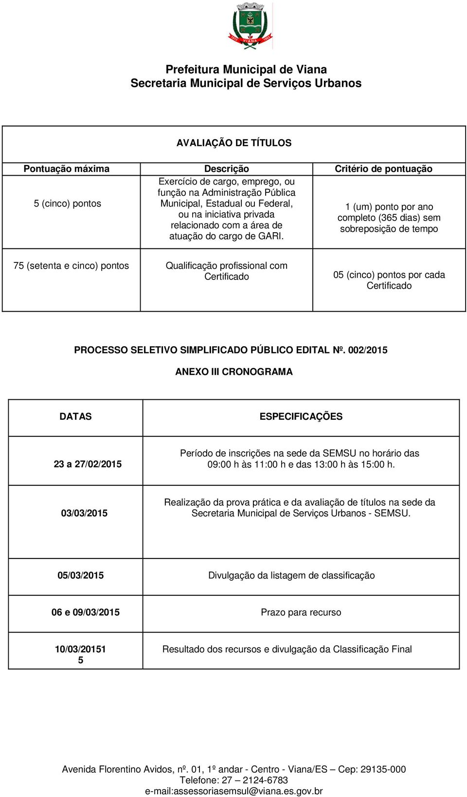 75 (setenta e cinco) pontos Qualificação profissional com Certificado 05 (cinco) pontos por cada Certificado ANEXO III CRONOGRAMA DATAS ESPECIFICAÇÕES 23 a 27/02/2015 Período de inscrições na sede da