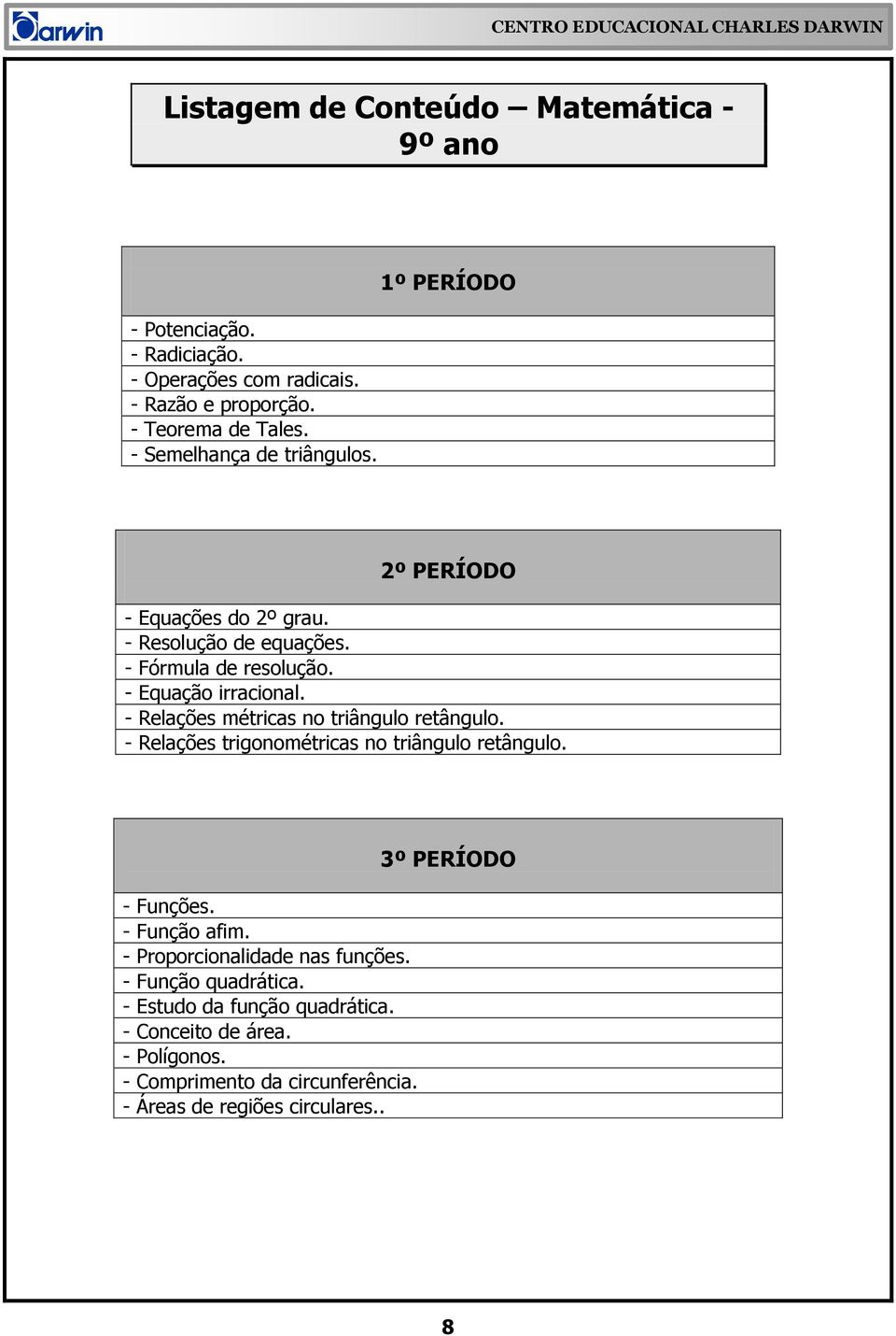 - Relações métricas no triângulo retângulo. - Relações trigonométricas no triângulo retângulo. - Funções. - Função afim.