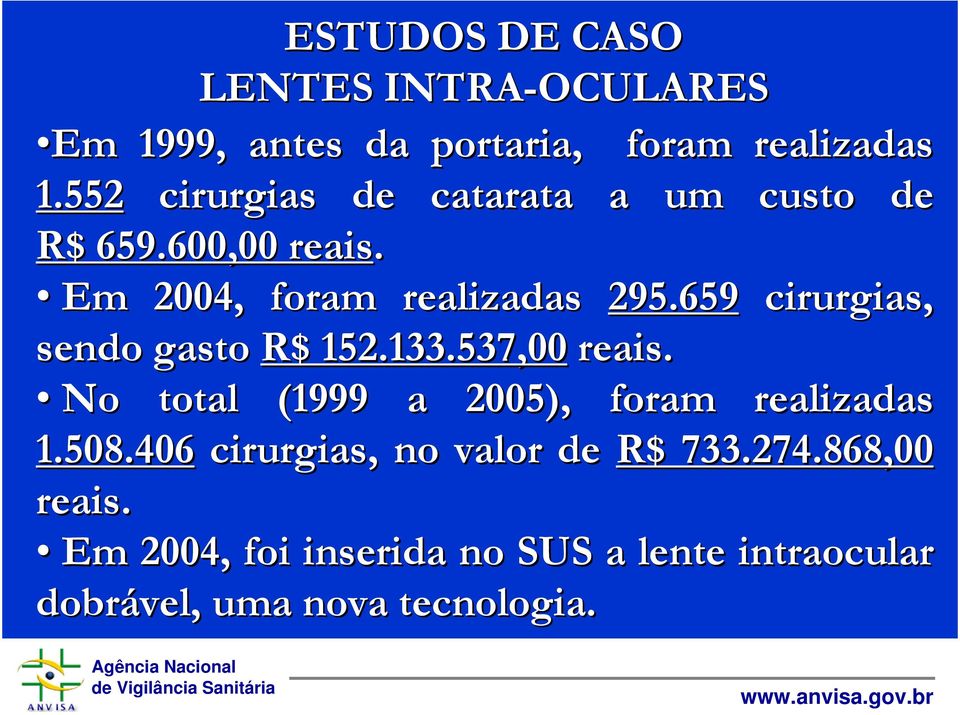659 cirurgias, sendo gasto R$ 152.133.537,00 reais. No total (1999 a 2005), foram realizadas 1.508.