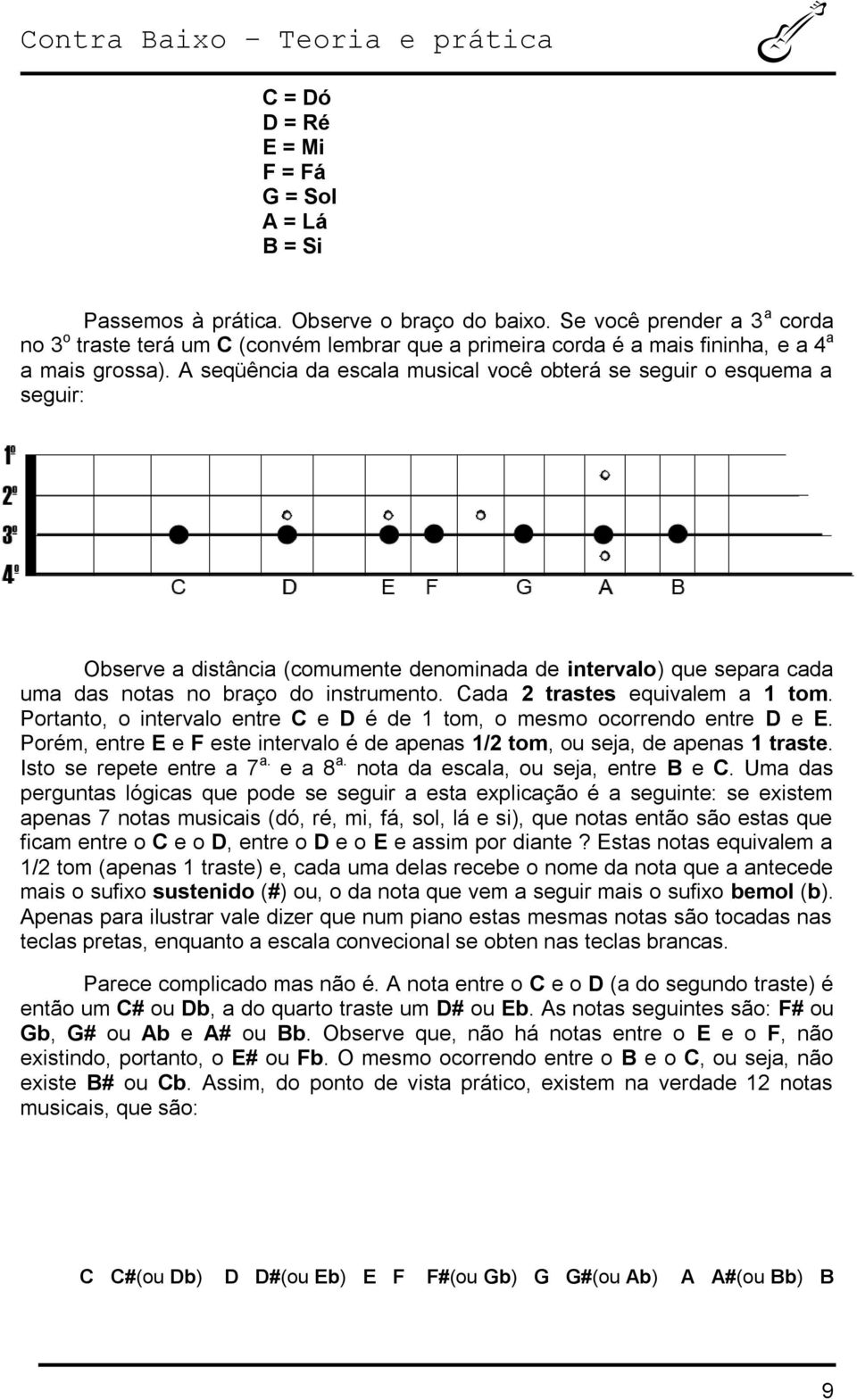 A seqüência da escala musical você obterá se seguir o esquema a seguir: Observe a distância (comumente denominada de intervalo) que separa cada uma das notas no braço do instrumento.