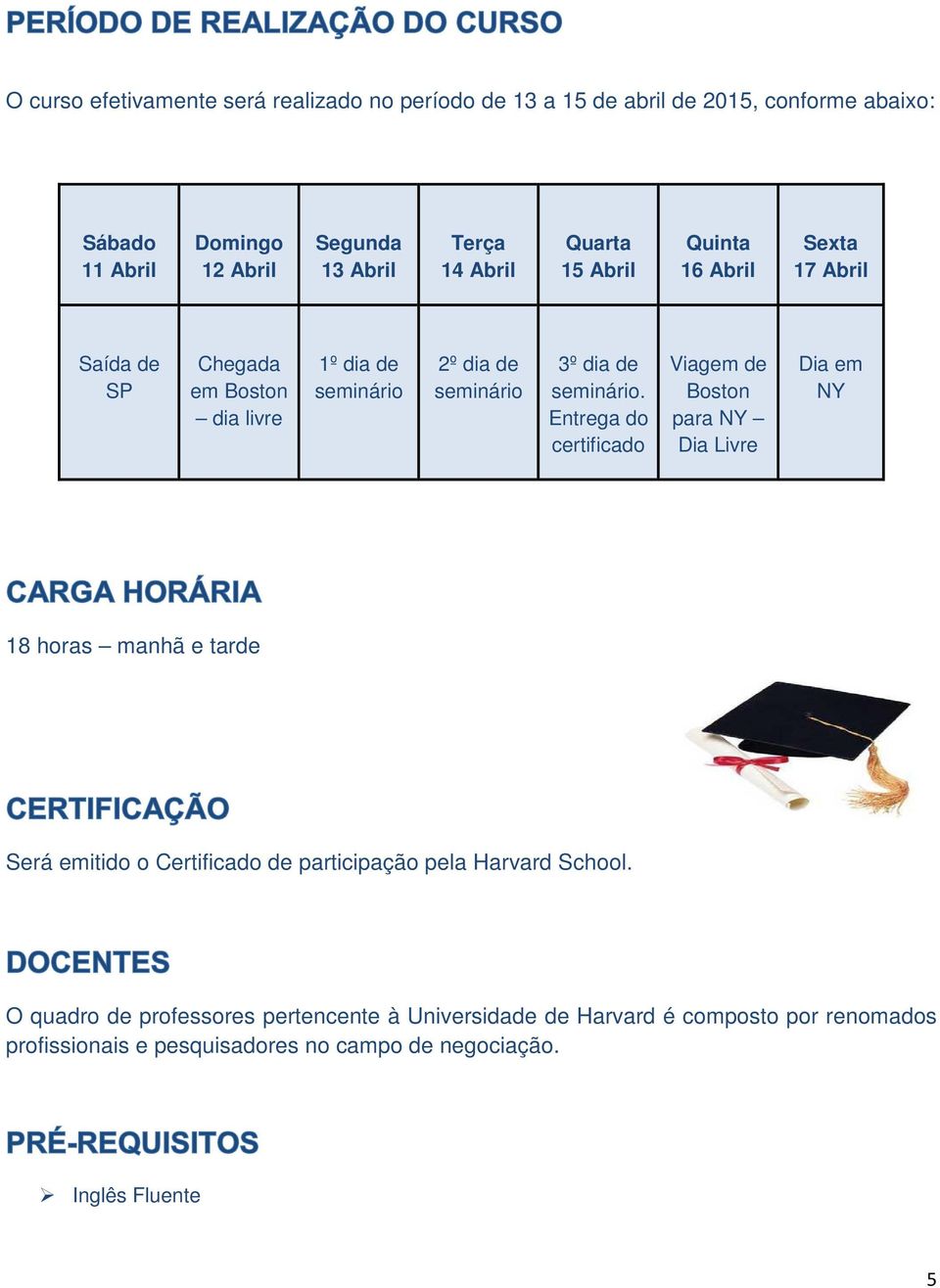 Entrega do certificado Viagem de Boston para NY Dia Livre Dia em NY 18 horas manhã e tarde Será emitido o Certificado de participação pela Harvard School.