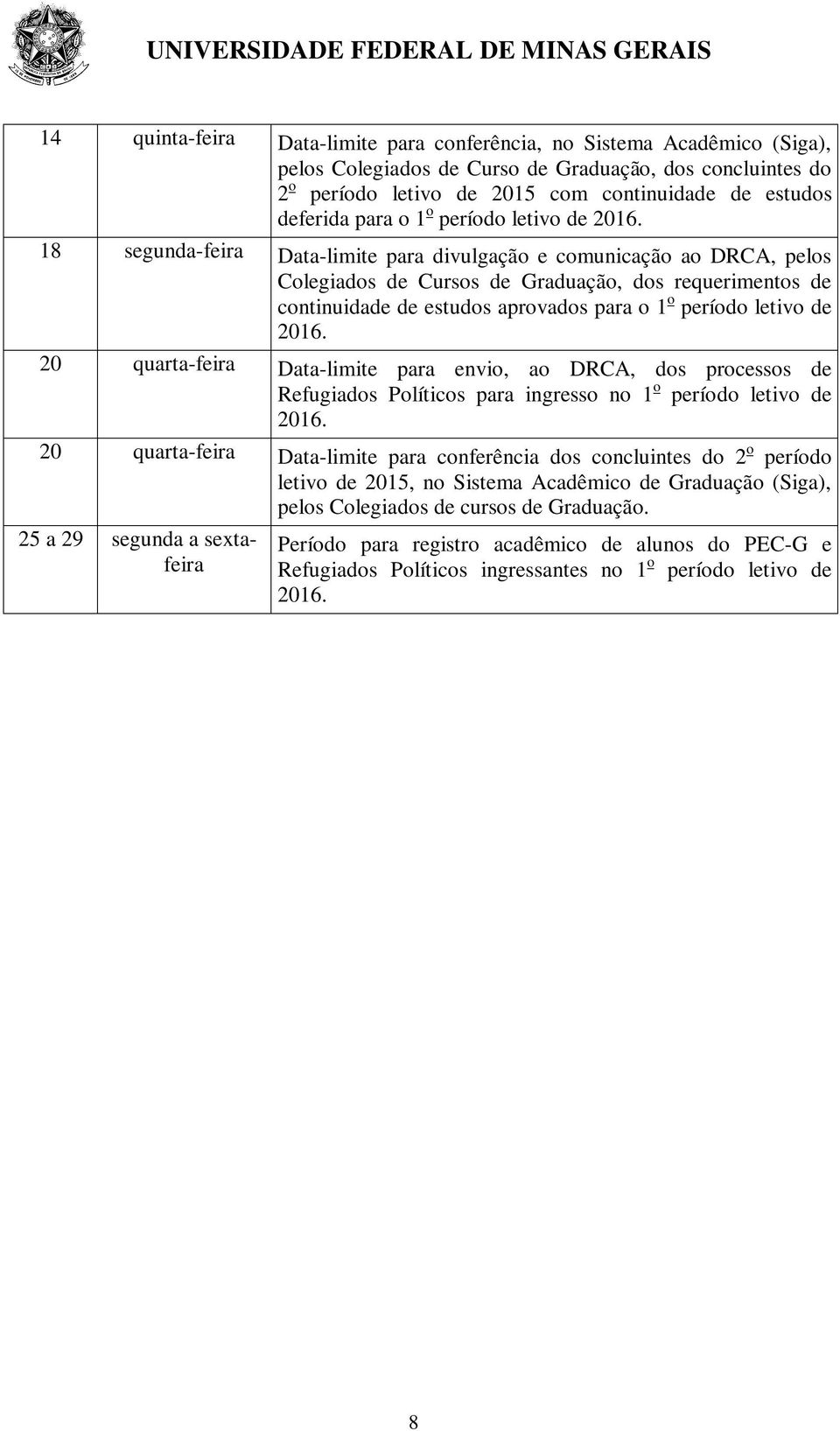 18 segunda-feira Data-limite para divulgação e comunicação ao DRCA, pelos Colegiados de Cursos de Graduação, dos requerimentos de continuidade de estudos aprovados  20 Data-limite para envio, ao