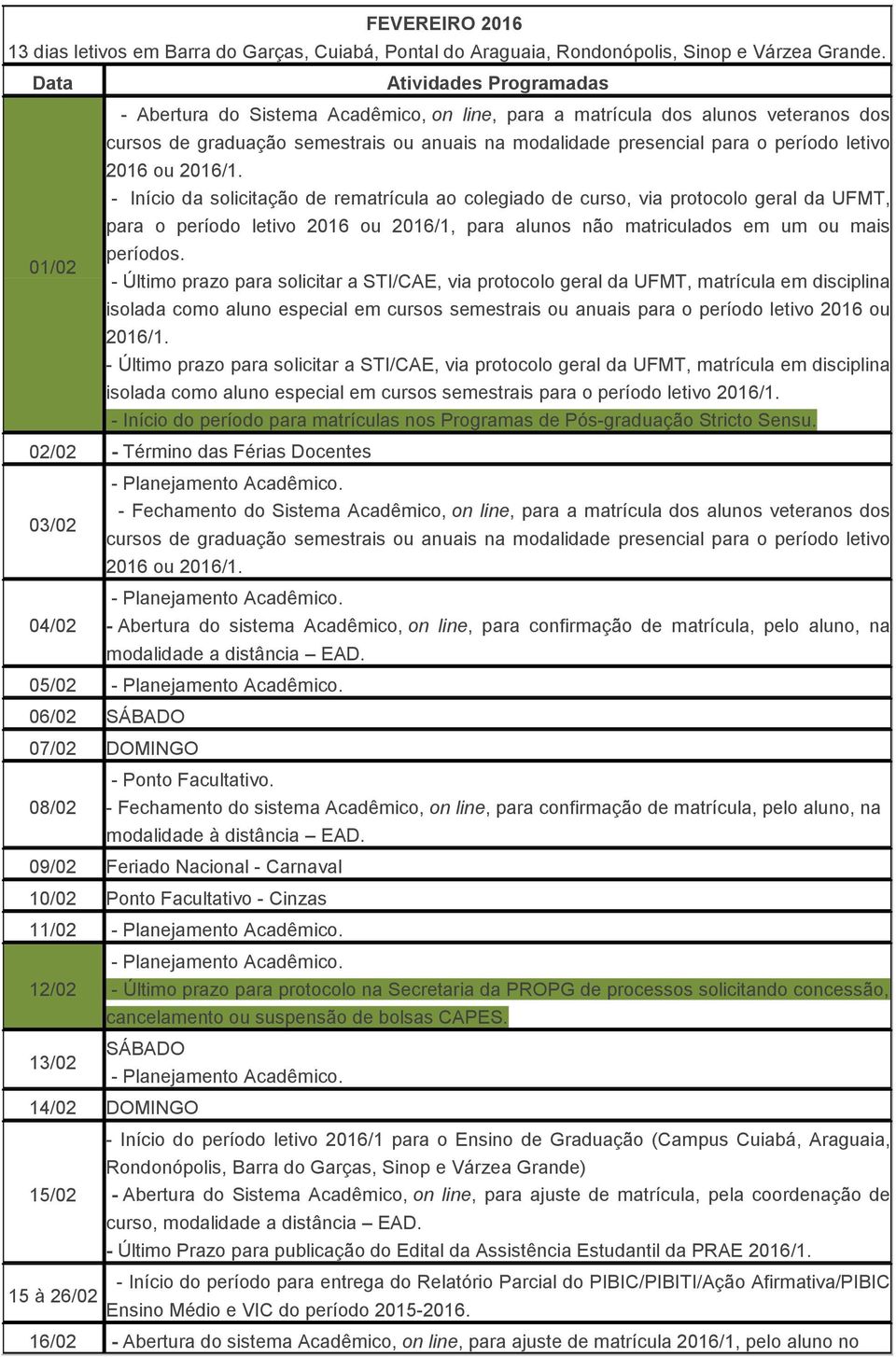 ou 2016/1. - Início da solicitação de rematrícula ao colegiado de curso, via protocolo geral da UFMT, para o período letivo 2016 ou 2016/1, para alunos não matriculados em um ou mais períodos.