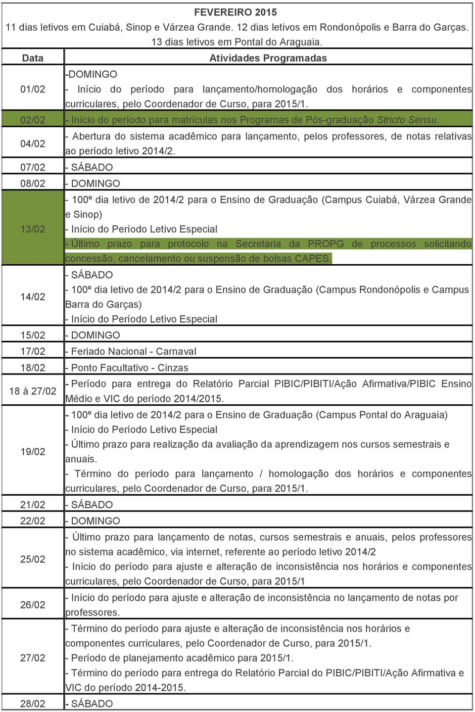 02/02 - Início do período para matrículas nos Programas de Pós-graduação Stricto Sensu.