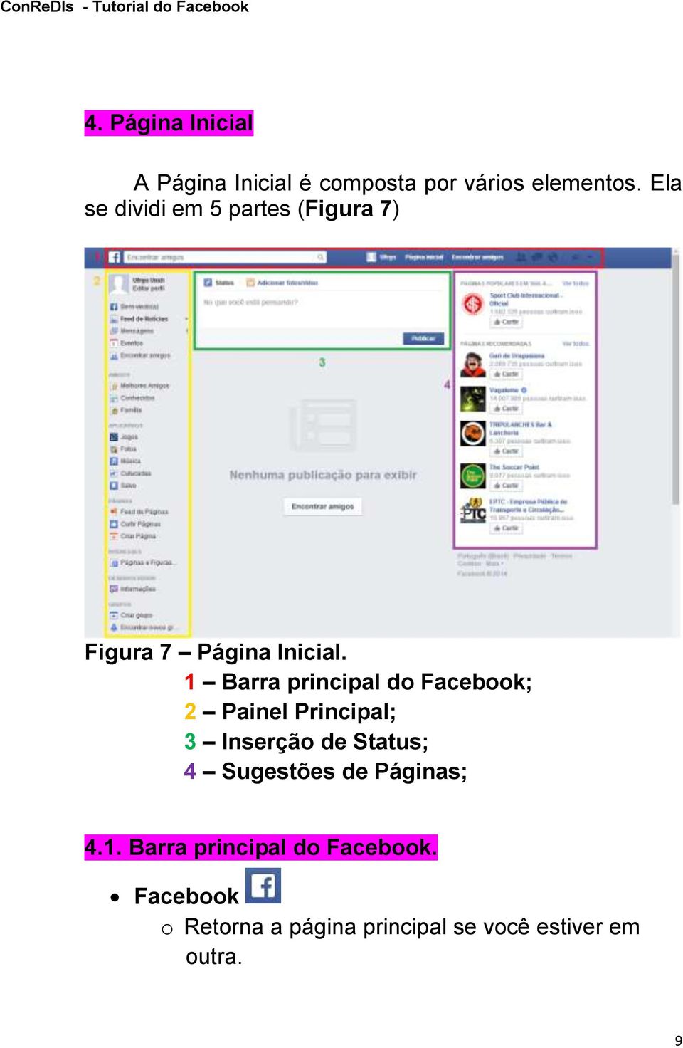 1 Barra principal do Facebook; 2 Painel Principal; 3 Inserção de Status; 4