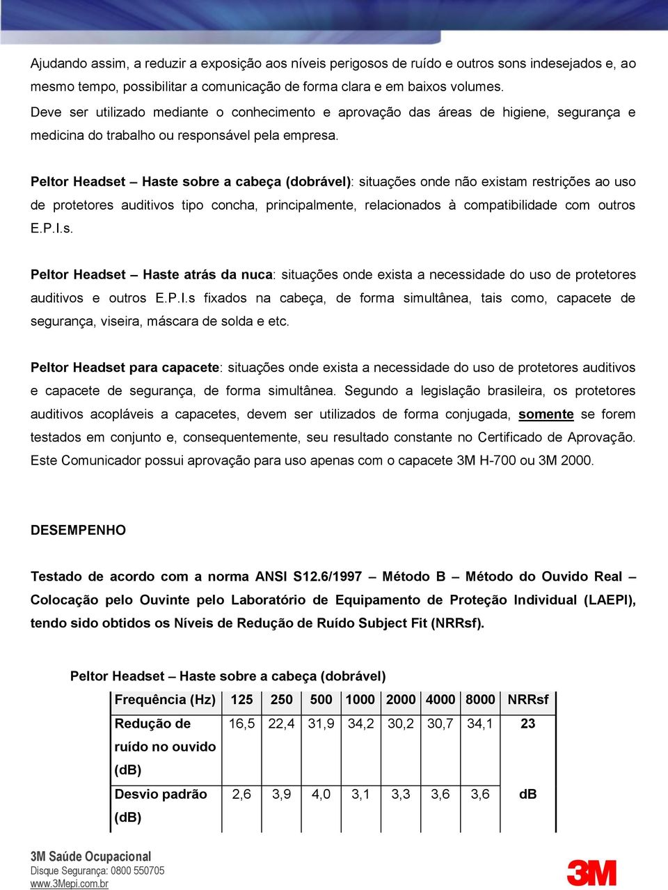 Peltor Headset Haste sobre a cabeça (dobrável): situações onde não existam restrições ao uso de protetores auditivos tipo concha, principalmente, relacionados à compatibilidade com outros E.P.I.s. Peltor Headset Haste atrás da nuca: situações onde exista a necessidade do uso de protetores auditivos e outros E.