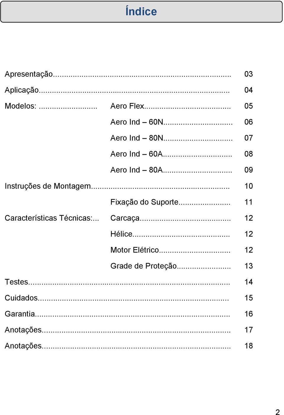 .. 10 Fixação do Suporte... 11 Características Técnicas:... Carcaça... 12 Hélice.