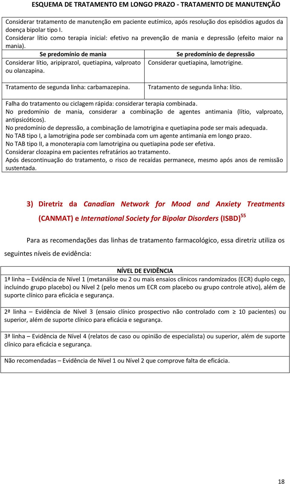 Se predomínio de mania Se predomínio de depressão Considerar lítio, aripiprazol, quetiapina, valproato Considerar quetiapina, lamotrigine. ou olanzapina. Tratamento de segunda linha: carbamazepina.