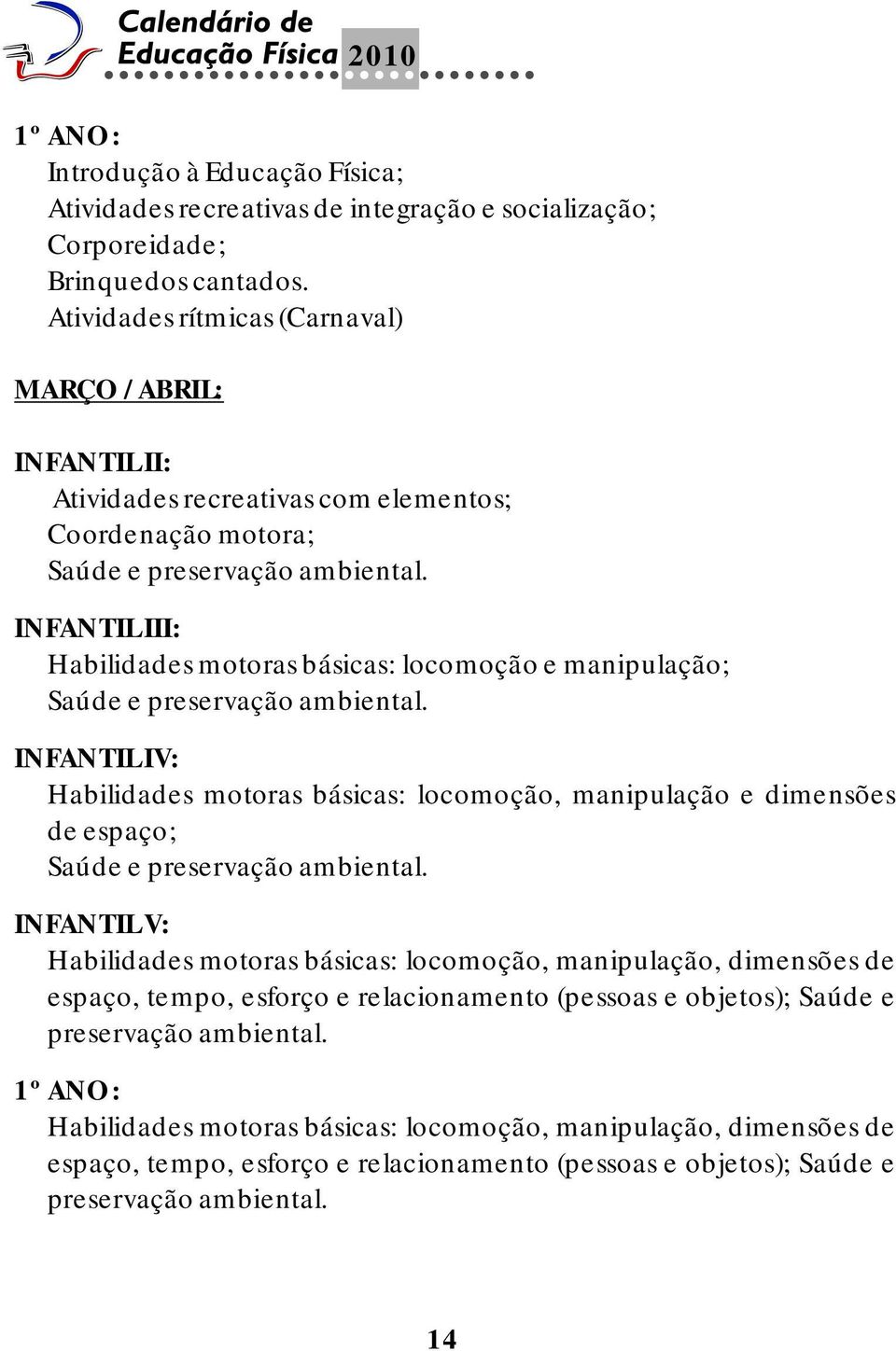 INFANTIL III: Habilidades motoras básicas: locomoção e manipulação; Saúde e preservação ambiental.