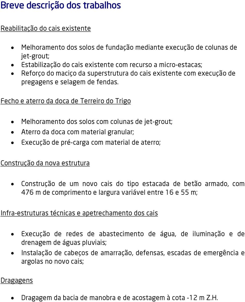 Fecho e aterro da doca de Terreiro do Trigo Melhoramento dos solos com colunas de jet-grout; Aterro da doca com material granular; Execução de pré-carga com material de aterro; Construção da nova