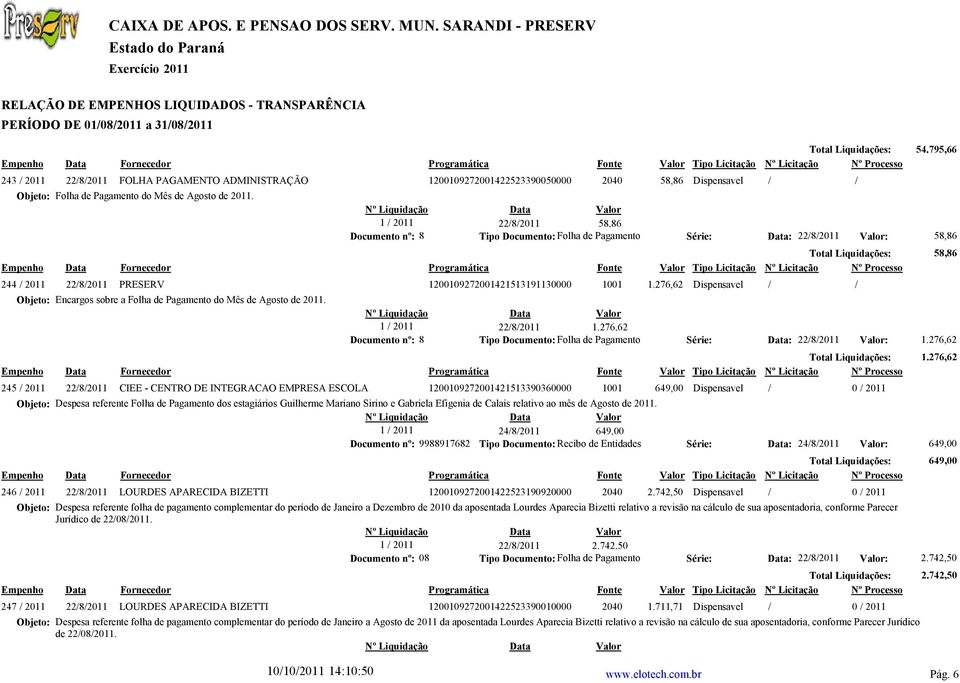 22/8/2011 58,86 Documento nº: 8 Tipo Documento: Folha de Pagamento Empenho Data Fornecedor Programática Fonte Tipo Licitação Nº Licitação Nº Processo 244 / 2011 22/8/2011 PRESERV