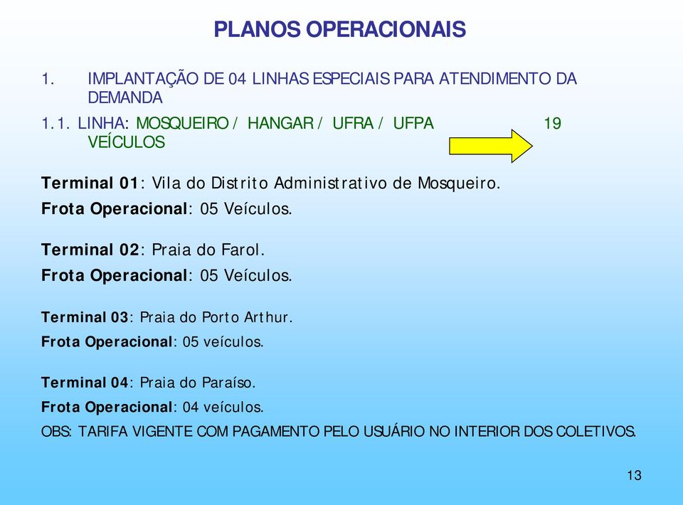 1. LINHA: MOSQUEIRO / HANGAR / UFRA / UFPA 19 VEÍCULOS Terminal 01: Vila do Distrito Administrativo de Mosqueiro.