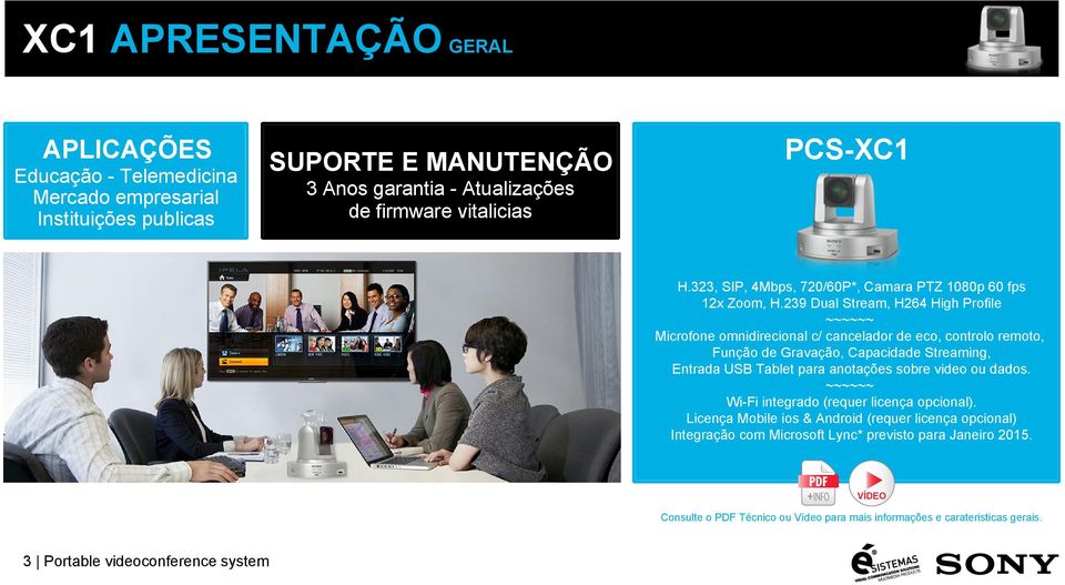 239 Dual Stream, H264 High Profile ~~~~~~ Microfone omnidirecional c/ cancelador de eco, controlo remoto, Função de Gravação, Capacidade Streaming, Entrada USB Tablet para anotações